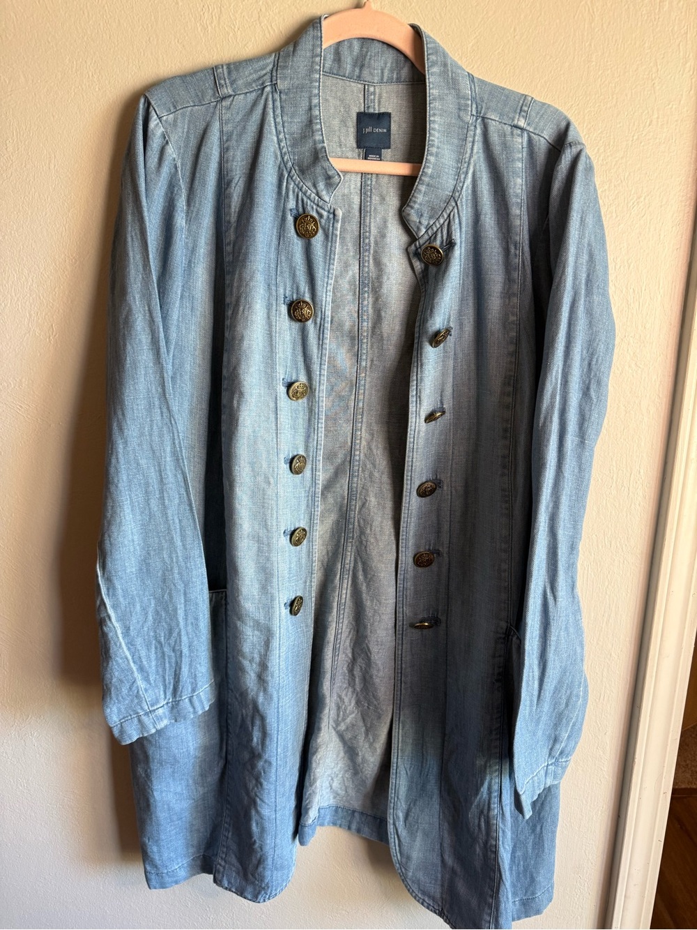 J.Jill Denim Large Chambray Duster Jacket Military Button Long Coat